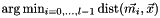 $ \arg\min_{i=0,\dots,l-1} \operatorname{dist}(\vec{m_i}, \vec x) $