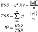 \begin{align*} ESS & = \boldsymbol y^T X \boldsymbol c - \frac{ \| y \|_1^2 }{n} \\ TSS & = \sum_{i=1}^n y_i^2 - \frac{ \| y \|_1^2 }{n} \\ R^2 & = \frac{ESS}{TSS} \end{align*}
