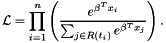 \[ \mathcal L = \prod_{i = 1}^n \left( \frac{e^{\beta^T x_i}}{ \sum_{j \in R(t_i)} e^{\beta^T x_j}} \right). \]